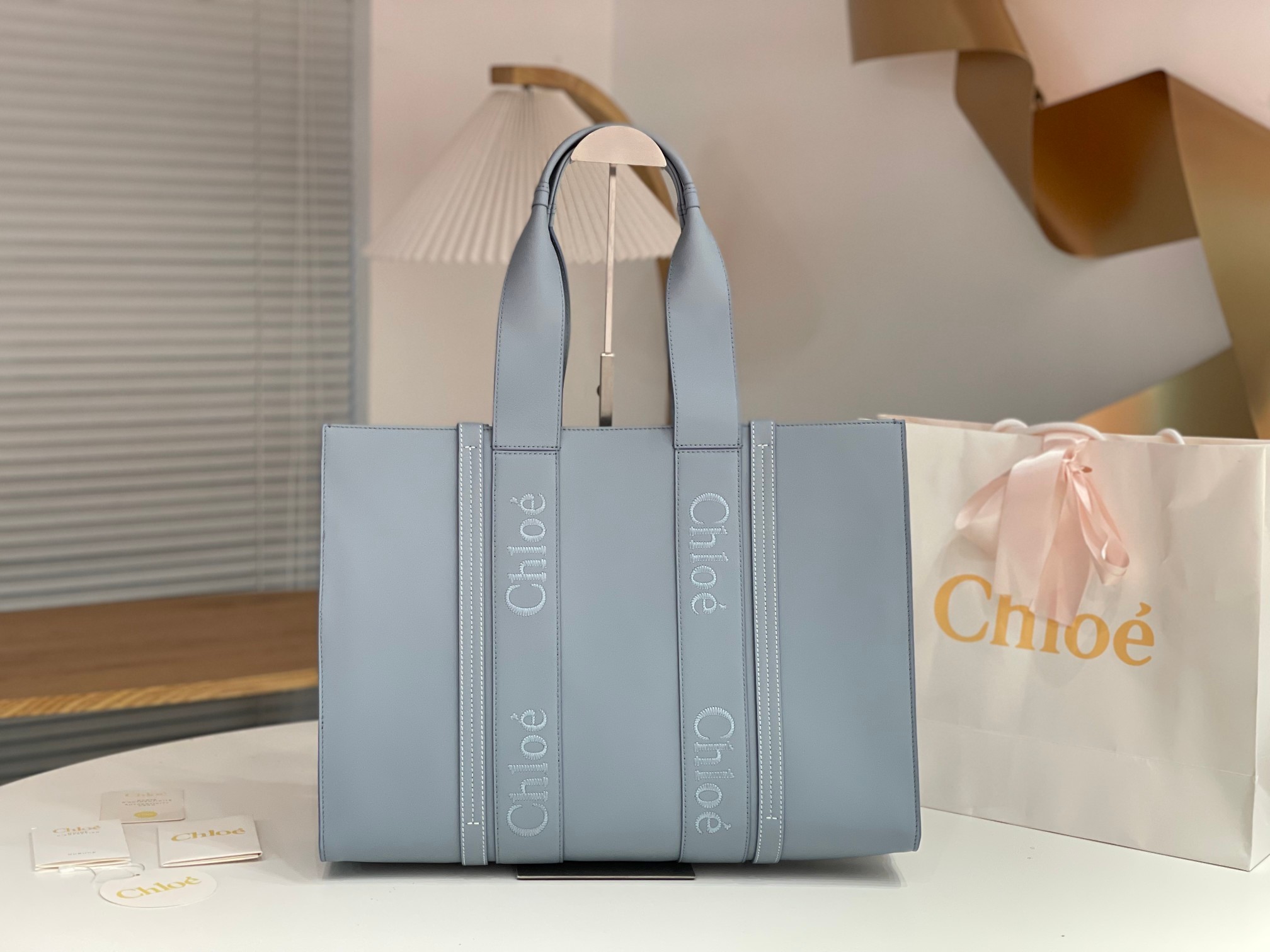 Chloe Large Woody Tote Bag In Light Blue Soft Smooth Calfskin Leather